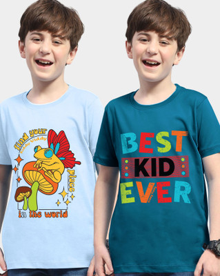 AUSK Boys Printed Cotton Blend Regular T Shirt(Light Blue, Dark Blue, Pack of 2)