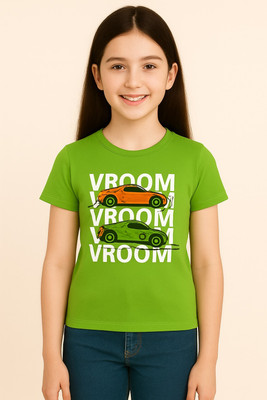GUCHU Girls Graphic Print Pure Cotton Regular, Slim T Shirt(Green, Pack of 1)