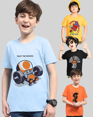 AOOSH Boys Printed Cotton Blend Regular T Shirt(Yellow, Light Blue, Pack of 4)