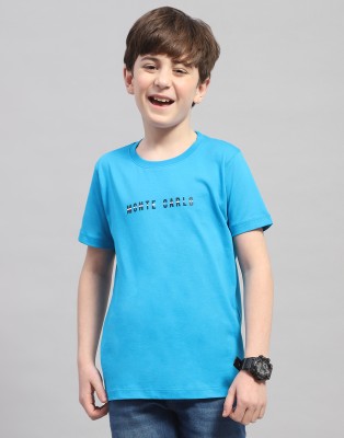 MONTE CARLO Boys Printed Cotton Blend T Shirt(Light Blue, Pack of 1)