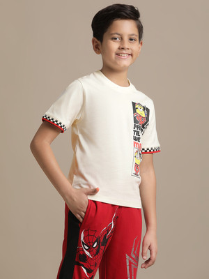 kidsville Boys Printed Pure Cotton Regular T Shirt(White, Pack of 1)