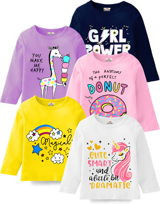 Kuchipoo Girls Graphic Print Cotton Blend Regular T Shirt(Multicolor, Pack of 5)