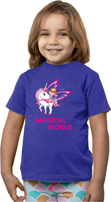 Printabulous Girls Printed Pure Cotton Regular T Shirt(Yellow, Pack of 1)