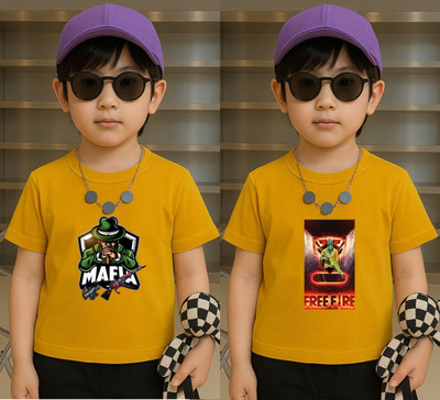 Lecowar Boys Printed Polyester Regular T Shirt(Yellow, Pack of 1)