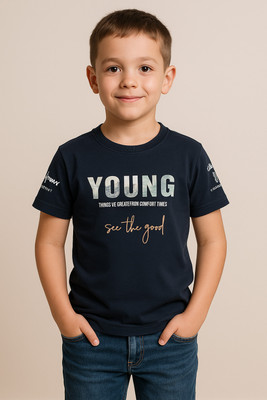 zankhi Boys Printed Cotton Blend Regular T Shirt(Dark Blue, Pack of 1)