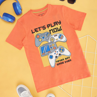 Pantaloons Junior Boys Printed Pure Cotton Regular T Shirt(Orange, Pack of 1)