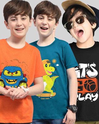 AOOSH Boys Printed Cotton Blend Regular T Shirt(Black, Dark Blue, Pack of 3)