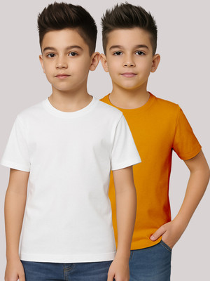 FRISKERS Boys Solid Pure Cotton Regular T Shirt(White, Yellow, Pack of 2)