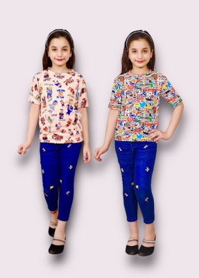 Pavika Girls Printed Cotton Blend T Shirt(Multicolor, Pack of 2)