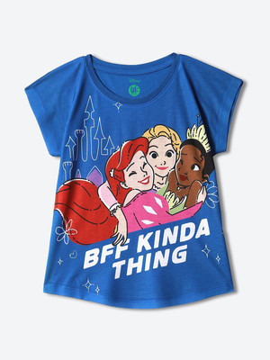 YK Disney Girls Graphic Print Pure Cotton Regular T Shirt(Blue, Pack of 1)