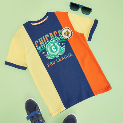 Pantaloons Junior Boys Graphic Print Pure Cotton Regular T Shirt(Dark Blue, Pack of 1)