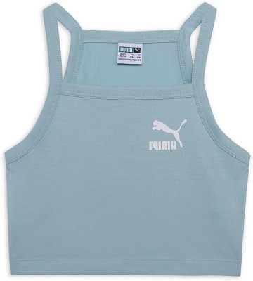 PUMA Girls Solid Pure Cotton Slim T Shirt(Blue, Pack of 1)