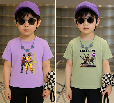 Lecowar Boys Graphic Print Polyester Regular T Shirt(Purple, Green, Pack of 1)