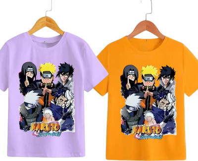 Adishree Associates Boys & Girls Printed Polycotton Regular T Shirt(Orange, Purple, Pack of 2)