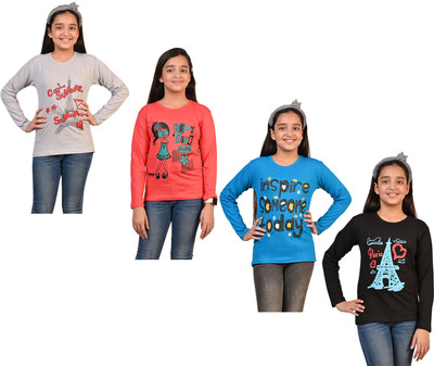 Indistar Girls Printed Pure Cotton Regular T Shirt(Multicolor, Pack of 4)