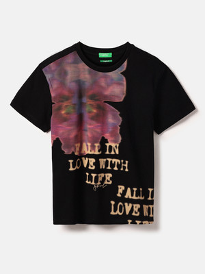 United Colors of Benetton Girls Printed Pure Cotton Regular T Shirt(Black, Pack of 1)