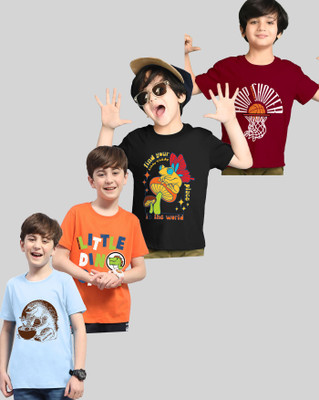 AUSK Boys Printed Cotton Blend Regular T Shirt(Orange, Light Blue, Pack of 4)