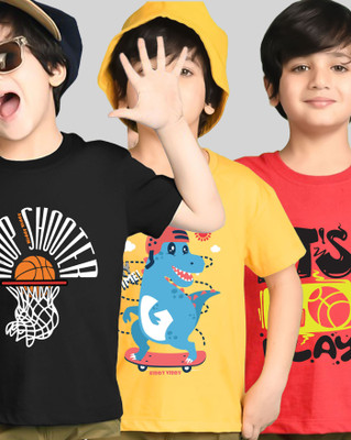 AOOSH Boys Printed Cotton Blend Regular T Shirt(Red, Yellow, Pack of 1)