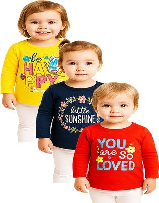 KidzzCart Baby Girls Printed Pure Cotton Regular T Shirt(Multicolor, Pack of 3)