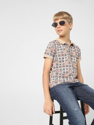 Jack & Jones Junior Boys Floral Print Cotton Blend Regular T Shirt(Beige, Pack of 1)