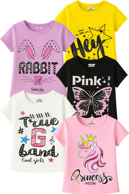 Kuchipoo Girls Printed Cotton Blend Regular T Shirt(Multicolor, Pack of 5)