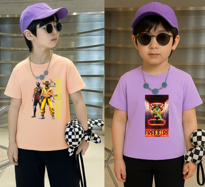 Lecowar Boys Printed Polyester Regular T Shirt(Pink, Purple, Pack of 1)