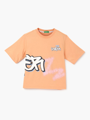 United Colors of Benetton Boys Typography, Printed Pure Cotton Regular T Shirt(Orange, Pack of 1)