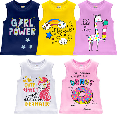 Kuchipoo Girls Printed Cotton Blend Regular T Shirt(Multicolor, Pack of 5)