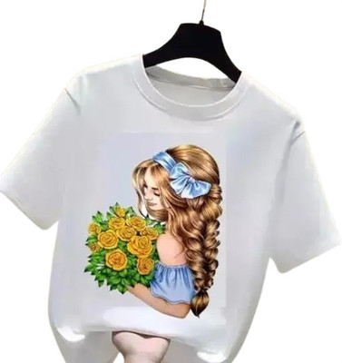 BQC Girls Printed Polyester Regular T Shirt(White, Pack of 1)