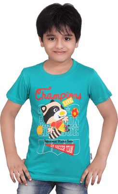 dongli Boys Typography, Printed Pure Cotton Regular T Shirt(Blue, Pack of 1)