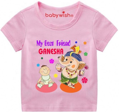 Babywish Boys Printed Cotton Blend T Shirt(Pink, Pack of 1)