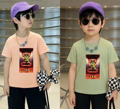 Lecowar Boys Printed, Graphic Print Polyester Regular T Shirt(Pink, Green, Pack of 1)