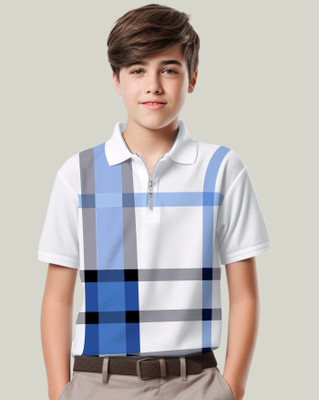 AUSK Boys Checkered Cotton Blend Regular T Shirt(Blue, White, Pack of 1)