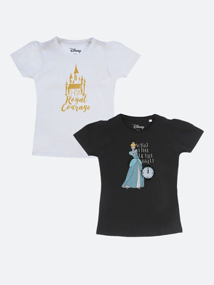 YK Disney Girls Printed Cotton Blend Regular T Shirt(White, Black, Pack of 2)