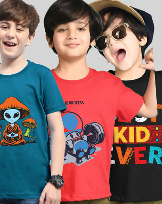 ENITOR Boys Printed Cotton Blend Regular T Shirt(Red, Dark Blue, Pack of 3)