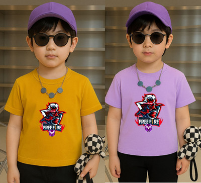 Lecowar Boys Printed Polyester Regular T Shirt(Yellow, Purple, Pack of 1)