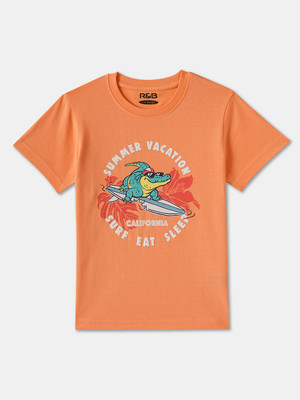 R&B Boys Printed Pure Cotton Regular T Shirt(Orange, Pack of 1)