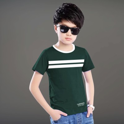 tarsier Boys Printed Pure Cotton T Shirt(Green, Pack of 1)