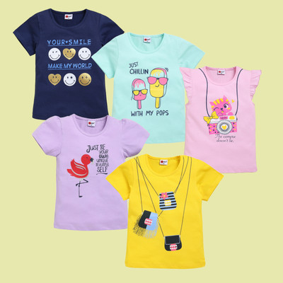 Mars Infiniti Girls Printed Pure Cotton Regular T Shirt(Multicolor, Pack of 5)