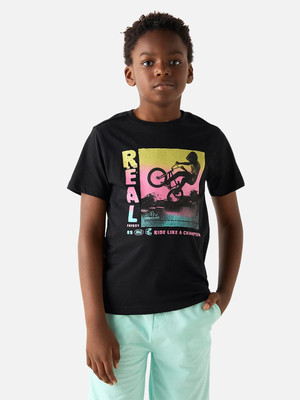 JUNIORS by Babyshop Boys Printed Cotton Blend Regular T Shirt(Black, Pack of 1)