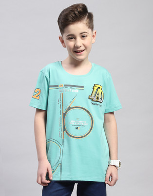 MONTE CARLO Boys Printed Cotton Blend Regular T Shirt(Light Blue, Pack of 1)