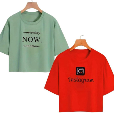 Everfab Girls Printed Cotton Blend Regular T Shirt(Green, Red, Pack of 2)