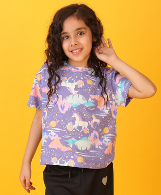 anthrilo Baby Girls Printed Cotton Blend Regular T Shirt(Purple, Pack of 1)