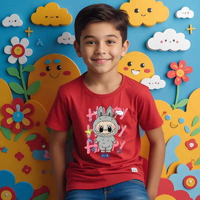 Kidloo Boys Labubu, Graphic Print Cotton Blend Regular T Shirt(Red, Pack of 1)