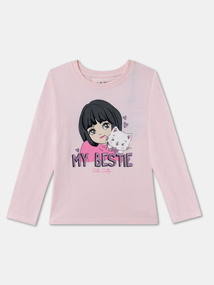 R&B Girls Graphic Print Pure Cotton Regular T Shirt(Pink, Pack of 1)