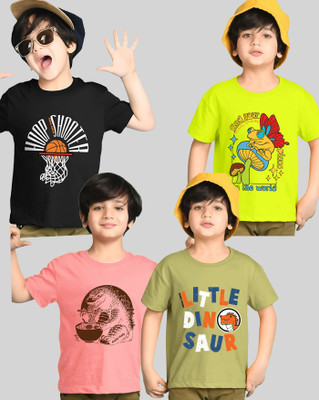 AOOSH Boys Printed Cotton Blend Regular T Shirt(Green, Pink, Pack of 4)