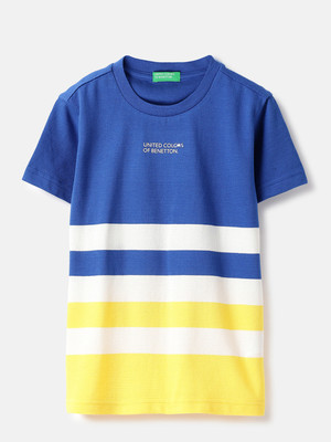 United Colors of Benetton Boys Striped Pure Cotton Regular T Shirt(Blue, Pack of 1)