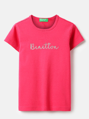 United Colors of Benetton Girls Embroidered Pure Cotton Regular T Shirt(Pink, Pack of 1)