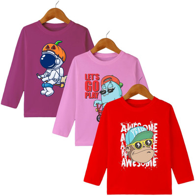 MYO Boys & Girls Printed Cotton Blend Regular T Shirt(Multicolor, Pack of 3)