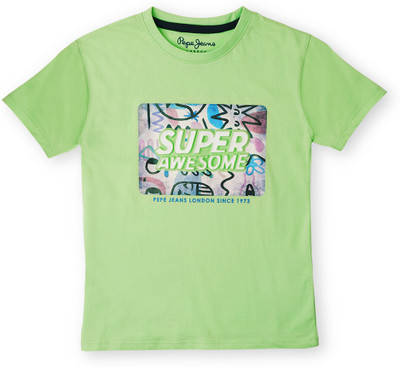 Pepe Jeans Boys Typography, Printed Pure Cotton Regular T Shirt(Green, Pack of 1)